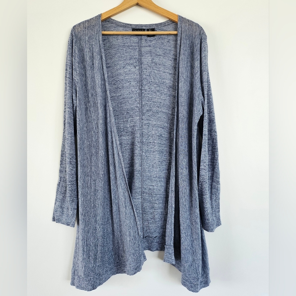 Tahari Light 100% Blue Linen Cardigan Jacket Lightweight Open Front Women's Sz L